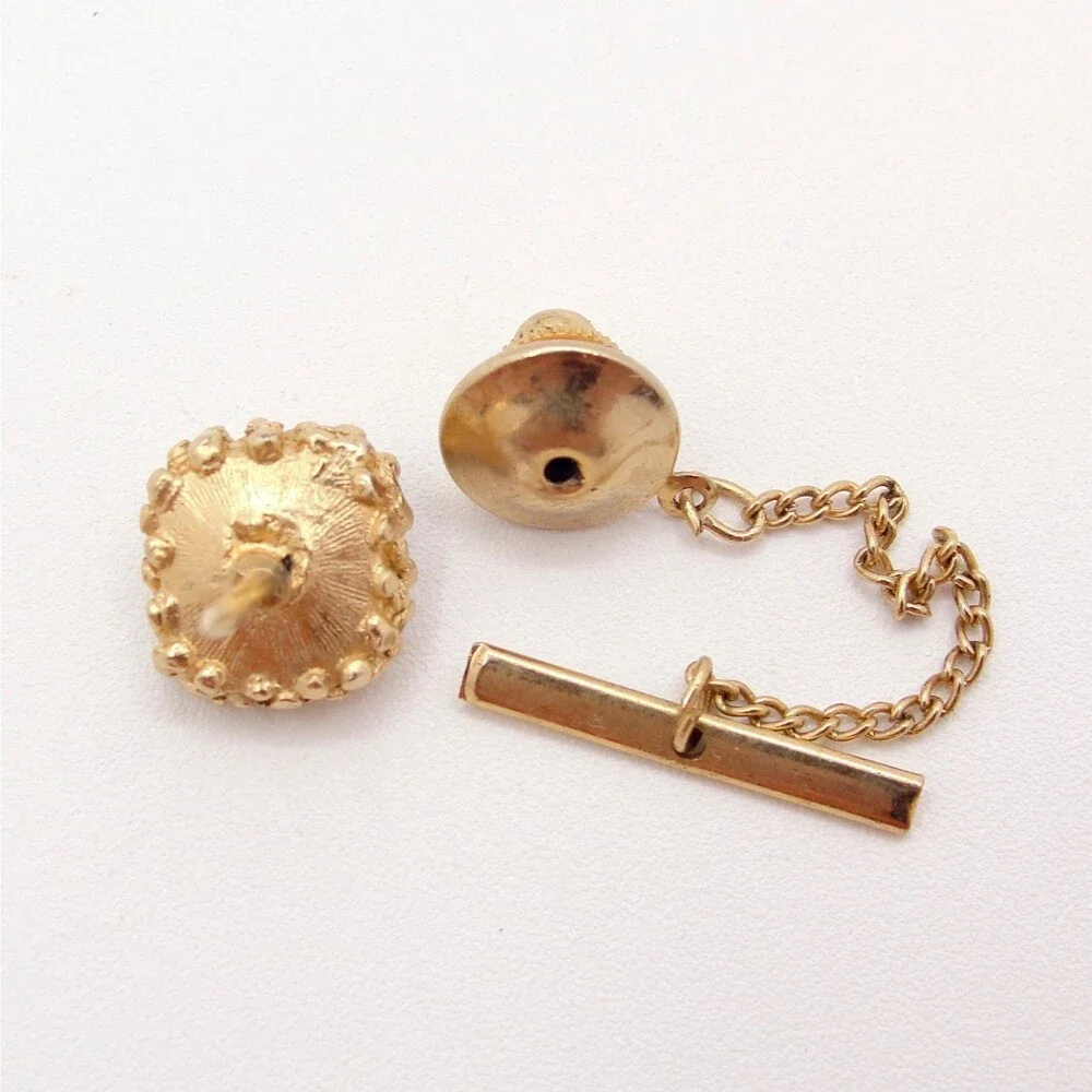 Vintage Gold Tone Square Smoky Crystal Rhinestone Tie Tac Pin Chain Wedding